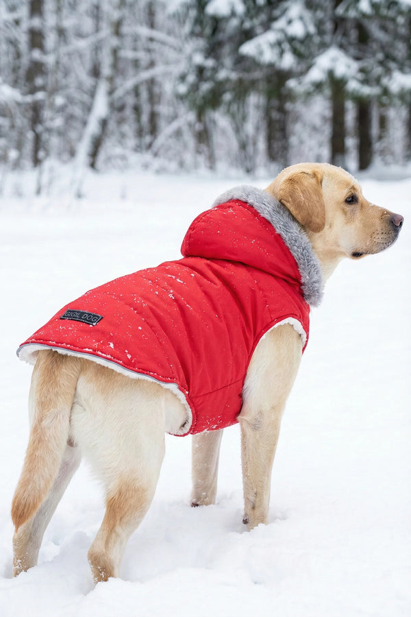 Водонепромокаема дреха в червено с качулка с пух